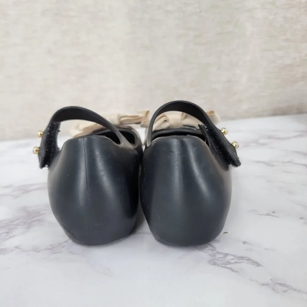 Mini Melissa Peep Toe Black Mary Jane Kids Shoes with Bow Rubber Jelly Dress